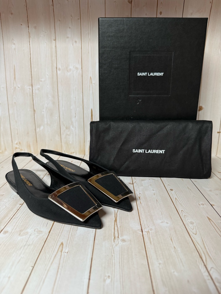 Saint Laurent Maxine Crepe De Chine Slingback Flats Black Sz 34 / 4
